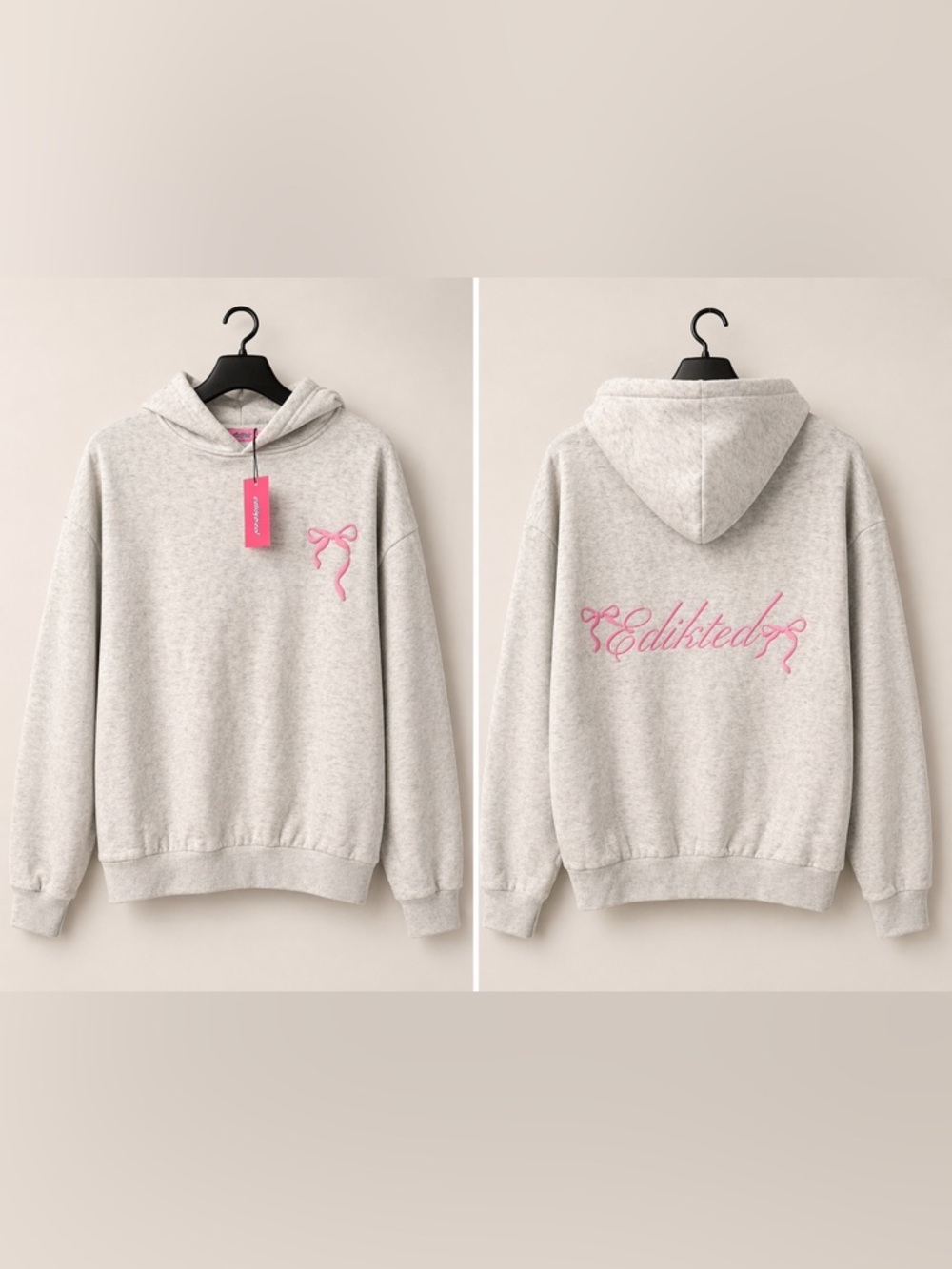 Edikted Gray Hoodie with Pink Script Logo & Bow Detail